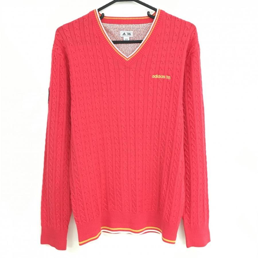 超美品】アディダス セーター ピンクレッド ケーブル編み Vネック