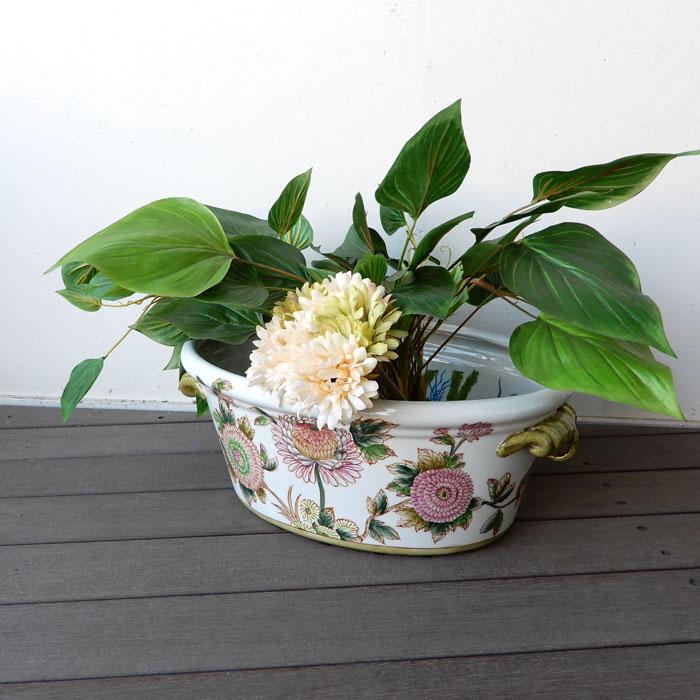 染陶器 楕円魚缶 17.5インチ 水鉢 睡蓮鉢 水盤 すいれん鉢 メダカ鉢