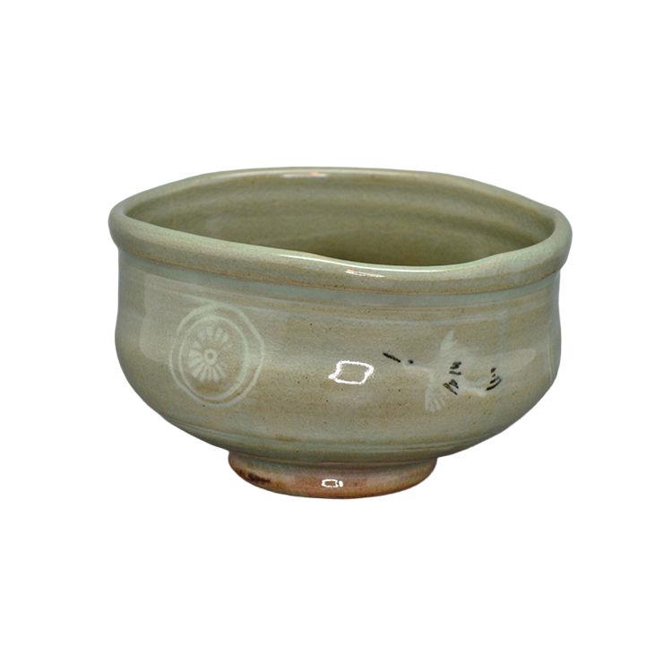 沓型茶碗 青磁雲鶴 中村与平作 茶道具 茶碗 青磁茶碗 雲鶴文 京焼 抹茶