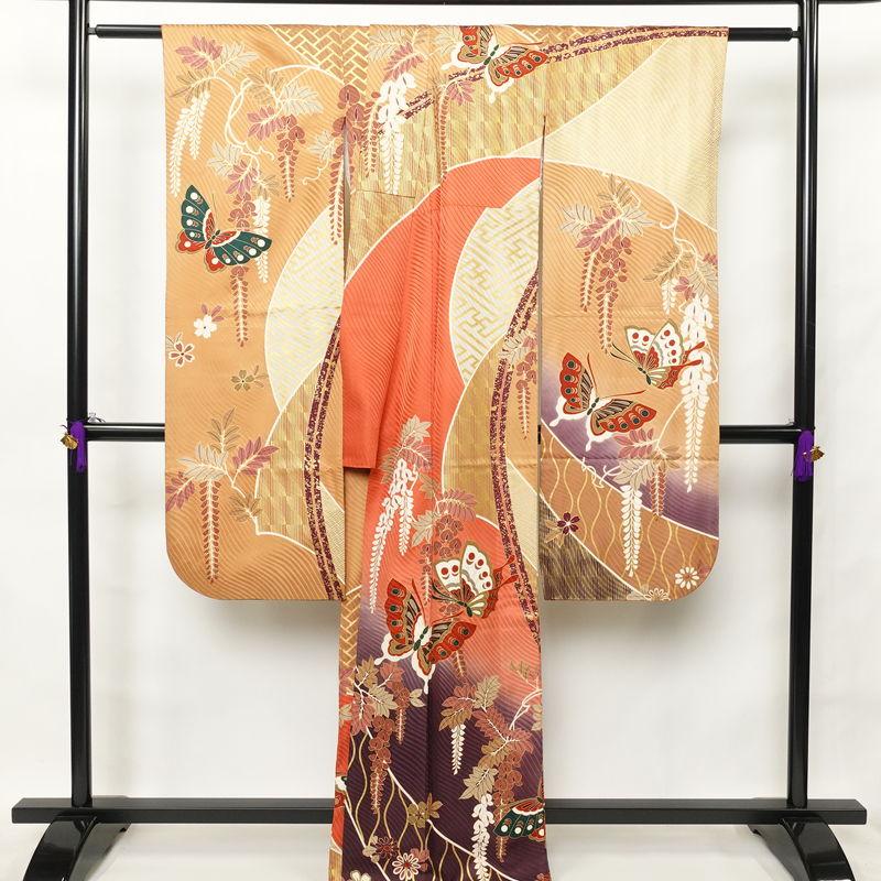 中古 振袖 正絹 蝶 古典柄 袷仕立て 身丈166cm 裄丈67cm 箔 金彩 成人