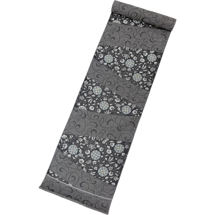 名古屋帯 正絹 九寸帯 黒 花模様 02 日本製 西陣 弥栄織物 唐草 新品