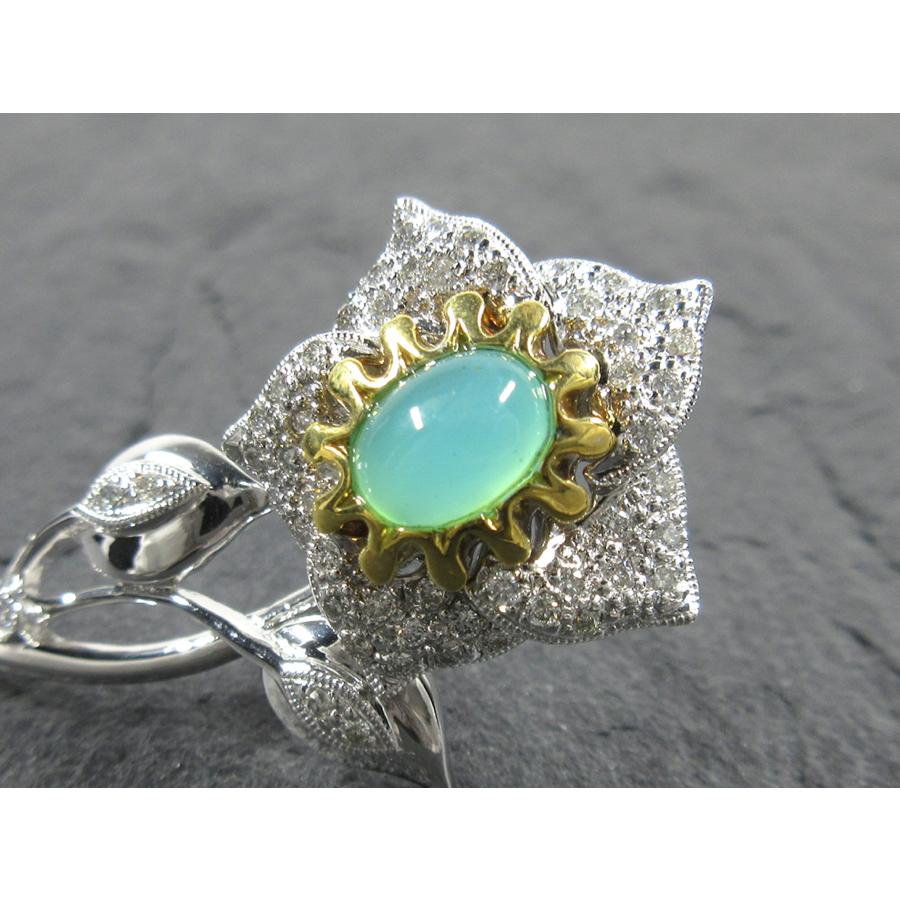 K18WG YG グリーンオパール ダイヤモンド ミル打ち フラワー