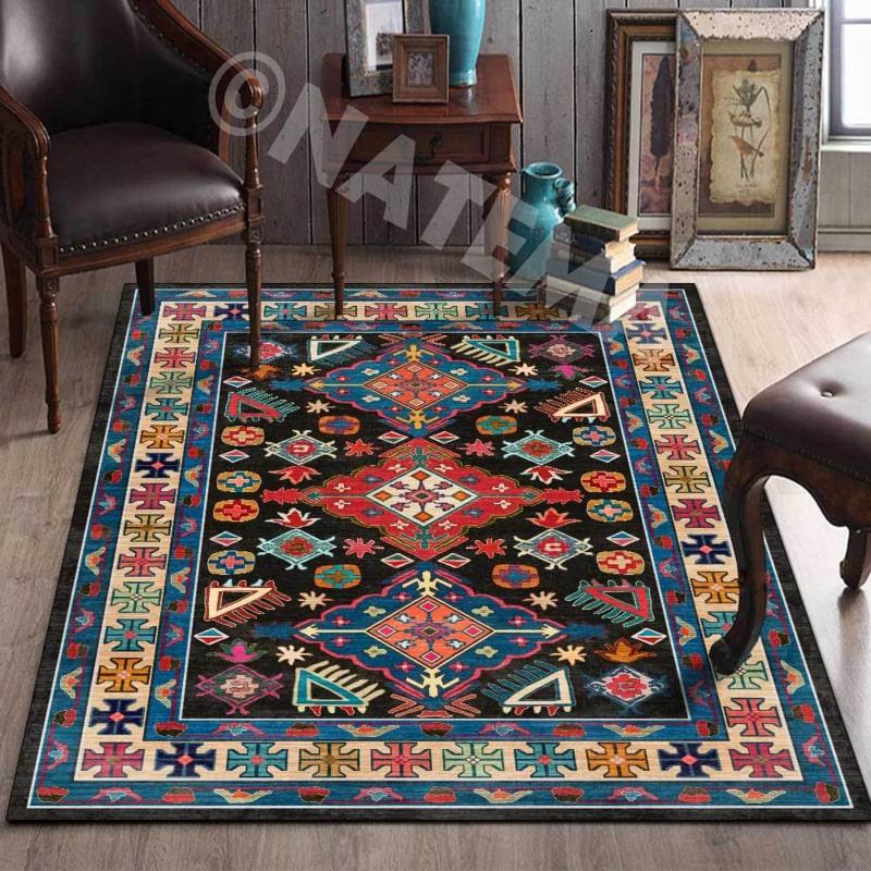 100cmX160cmサイズ キリム風 プリントラグ 民族 幾何学 ギャッベ 色彩