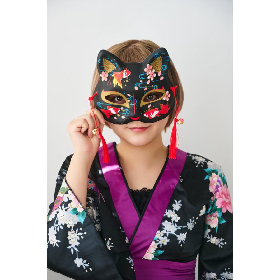 和風お面 ねこ半面 黒金魚 仮装 仮面 マスク お祭り 縁日 猫 和もの