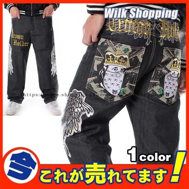 刺繍 極太 デニム ジーンズ パンツ メンズ ルーズフィット B系