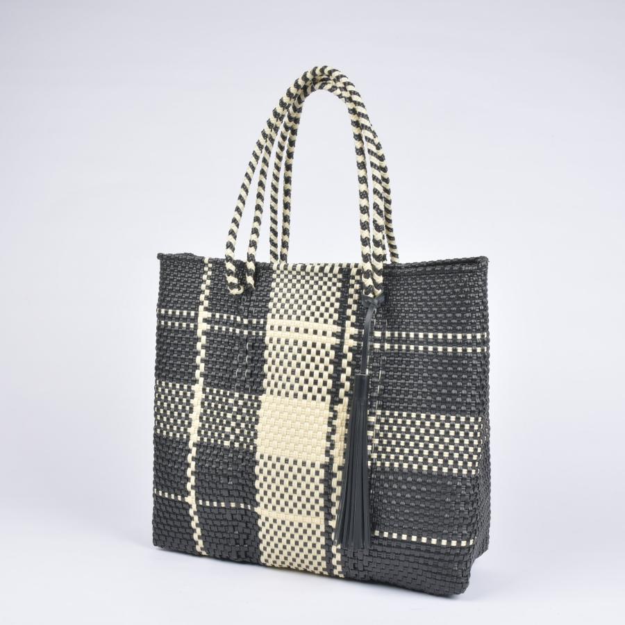 メルカドバッグ Lサイズ タータンチェック ブラック×クリーム エコ ECO