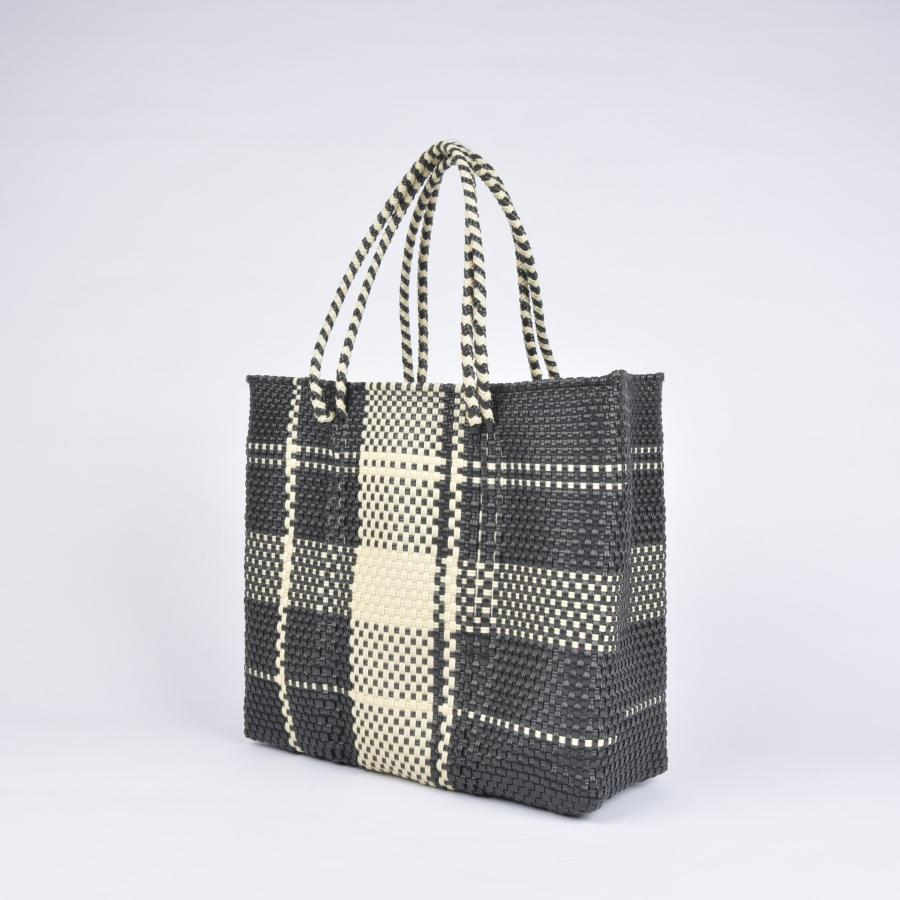 メルカドバッグ Lサイズ タータンチェック ブラック×クリーム エコ ECO