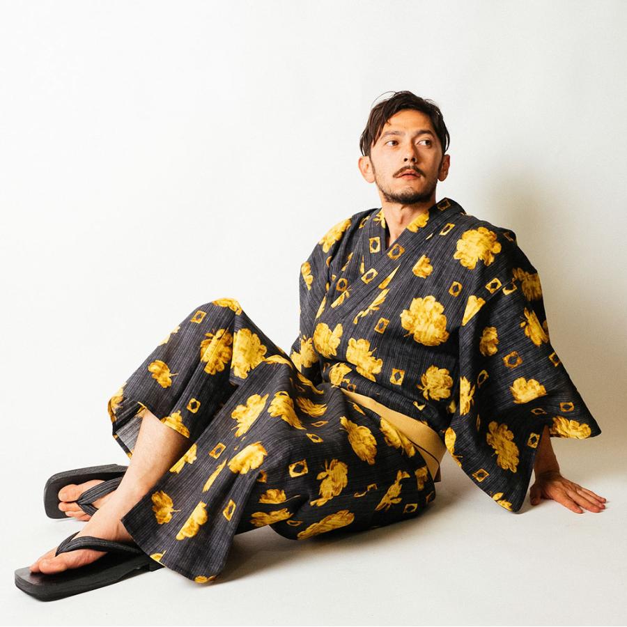 男浴衣セット/日本製高級生地/浴衣+帯+下駄+腰紐/Ummm.水彩花柄メンズ