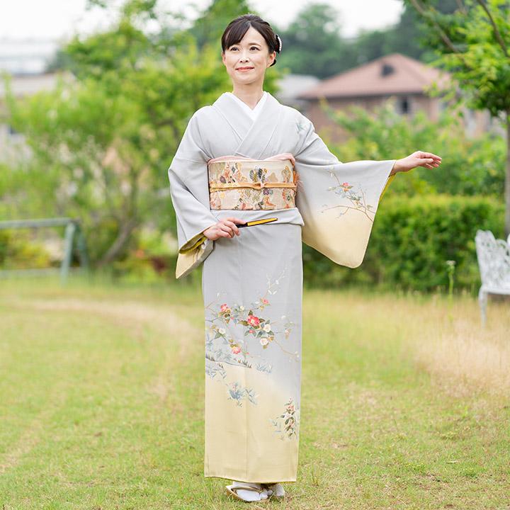 レンタル フルセット 高級正絹 訪問着 HO-FU304 霞色・若草色 椿と菊