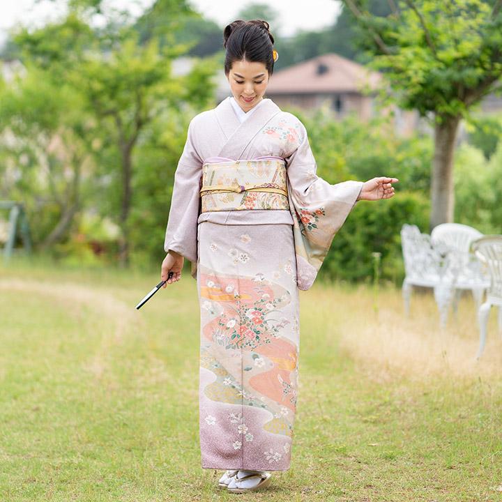 レンタル フルセット 高級正絹 訪問着 HO-MA602 紅藤色 流水に椿 結婚