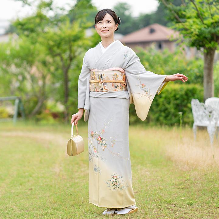 レンタル フルセット 高級正絹 訪問着 HO-FU304 霞色・若草色 椿と菊