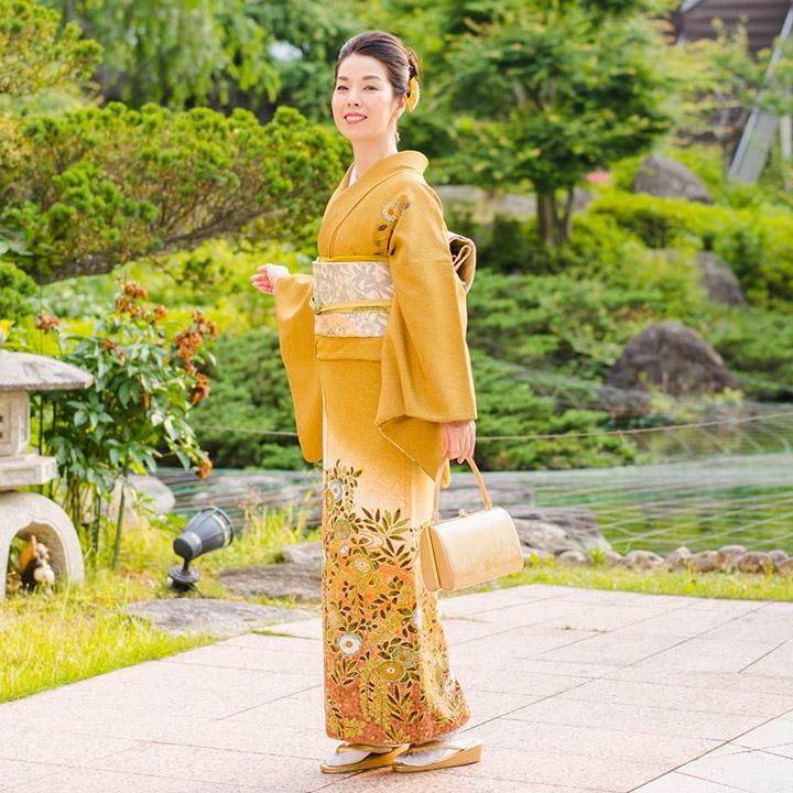 レンタル フルセット 高級正絹 訪問着 HO-FU318 芥子色 辻が花風 結婚