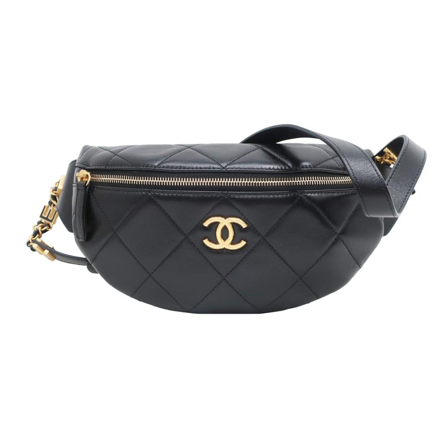 良品 シャネル ラムスキン ココマーク ウエスト ボディ バッグ ブラック