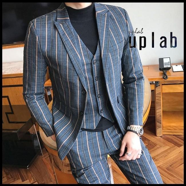 メンズ ストライプ スーツ セットアップ 3Pセット 上下セット 結婚式