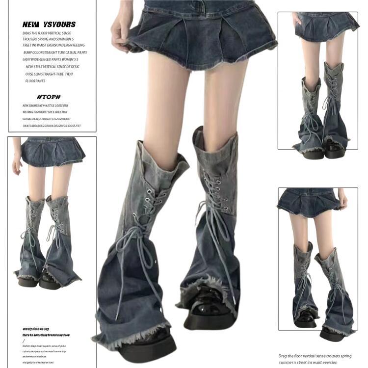 レッグウォーマー デニム Y2K グレー カジュアル ストレッチ ブーツ