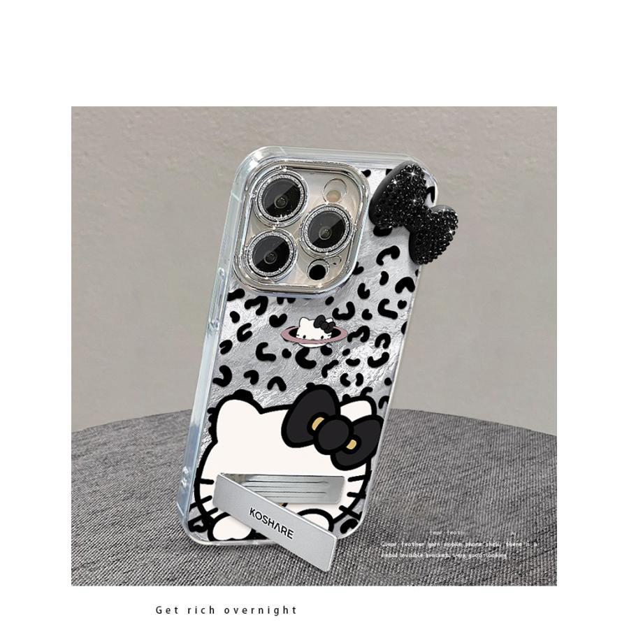 ストラップ付き キティちゃん iphone17スマホケース ヒョウ柄 蝶結び