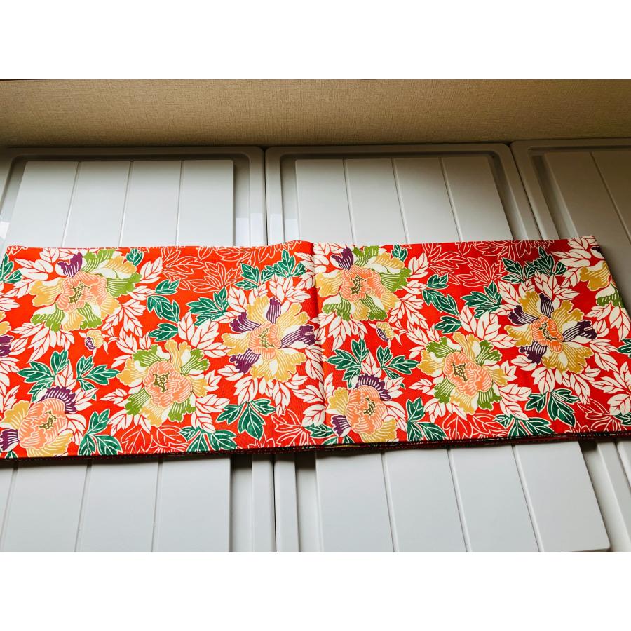 名古屋帯 豪華な柄 草花文 椿 つばき 赤色系 レッド系 正絹 幅約30cm