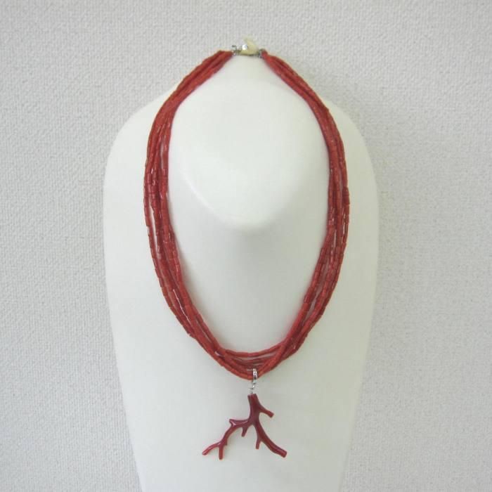 日本 高知産血赤珊瑚 枝 ペンダント イタリア産赤珊瑚枝 6連ネックレス