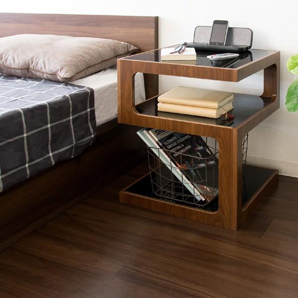 サイドテーブル ブラウン S字型 ブラックガラス天板 ミニテーブル