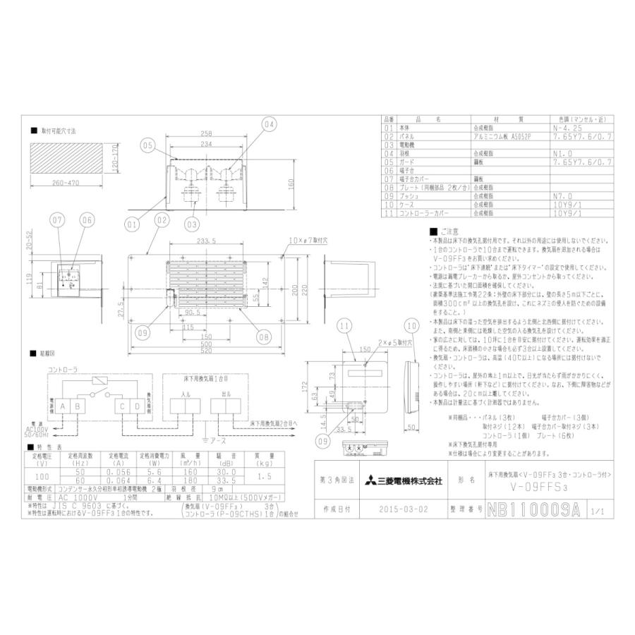 三菱（MITSUBISHI） 三菱電機 V-09FFS3 床下用換気扇 セットタイプ