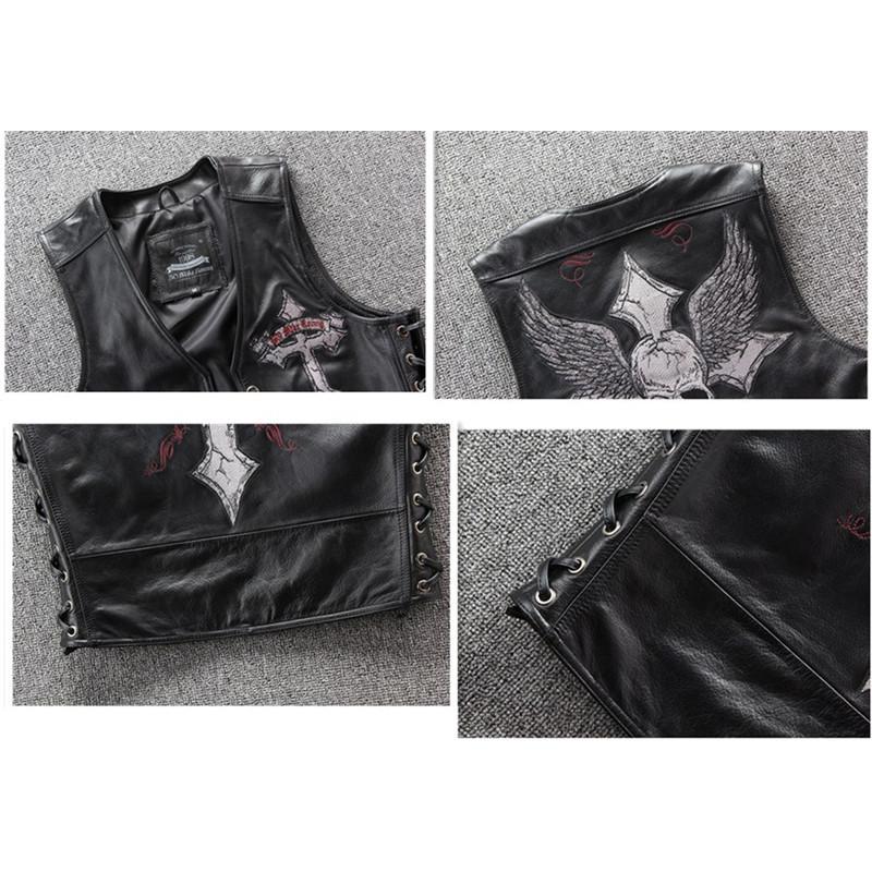 バイク用ベスト 本革 革ベスト ベスト パンク風 十字架柄 レザーベスト