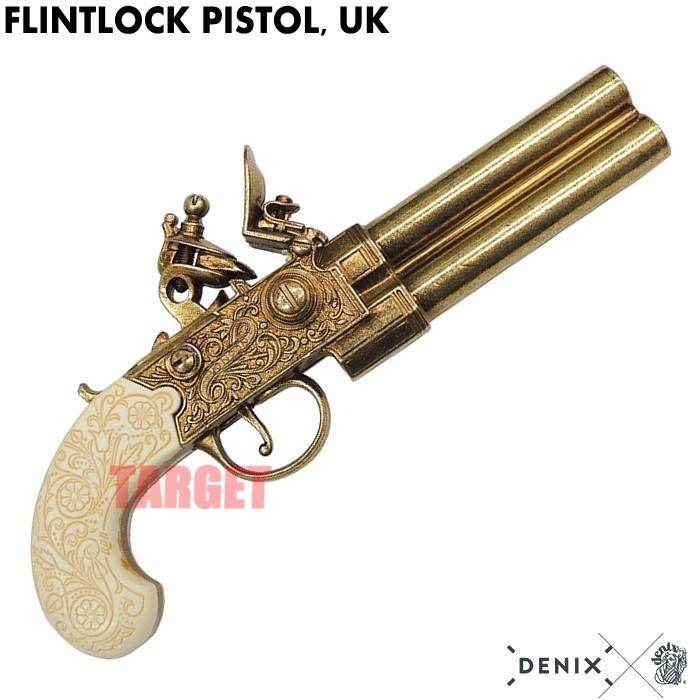 DENIX ダブルバレルフリントロックピストル イギリス ゴールド 1149/L