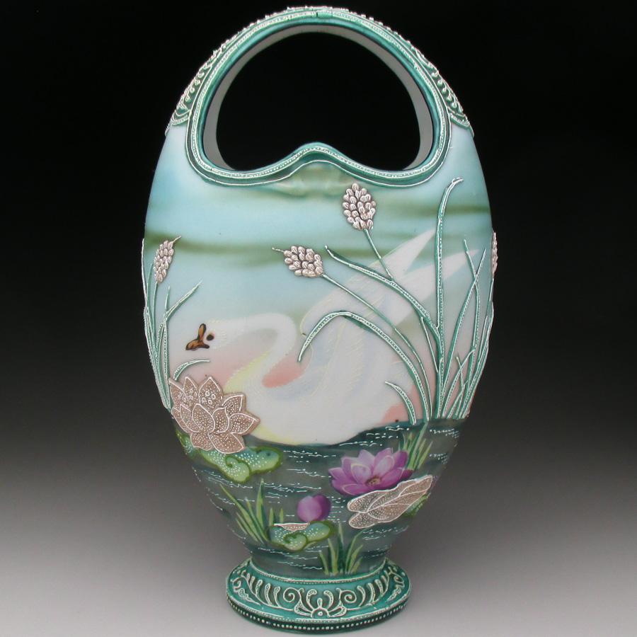 ノリタケ オールドノリタケ 盛り上げ白鳥絵 花瓶 22cm : アンティーク