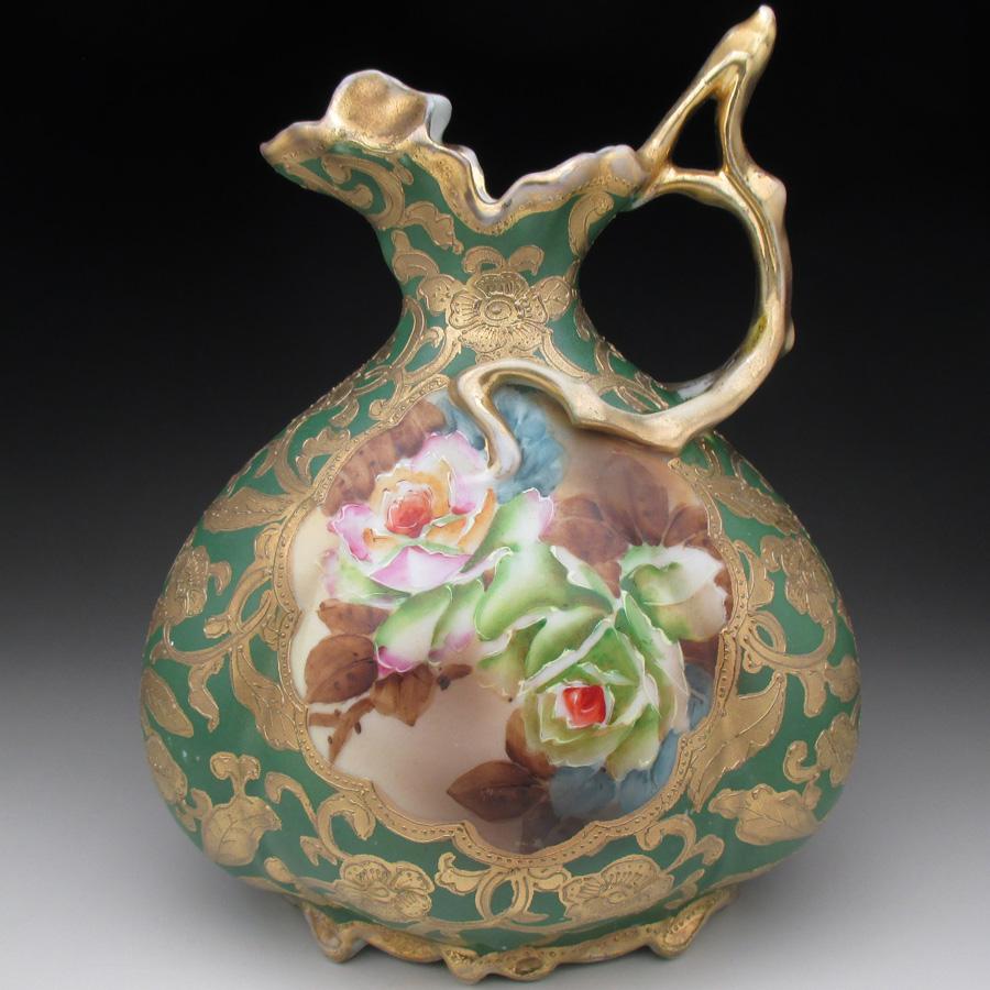 ノリタケ オールドノリタケ グリーン地金盛り薔薇絵 水差し ピッチャー