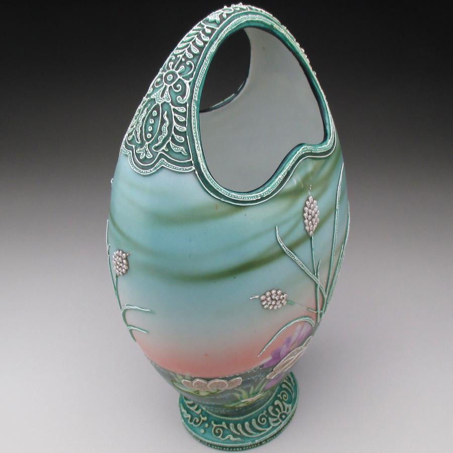 ノリタケ オールドノリタケ 盛り上げ白鳥絵 花瓶 22cm : アンティーク