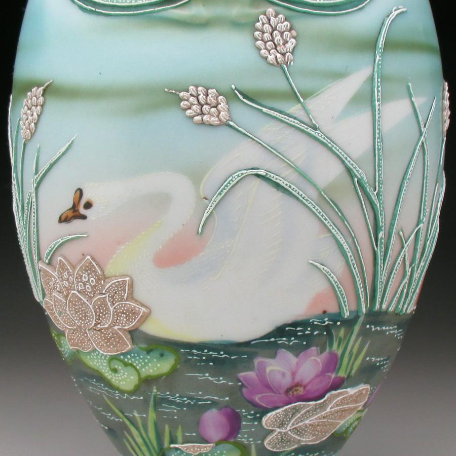 ノリタケ オールドノリタケ 盛り上げ白鳥絵 花瓶 22cm : アンティーク