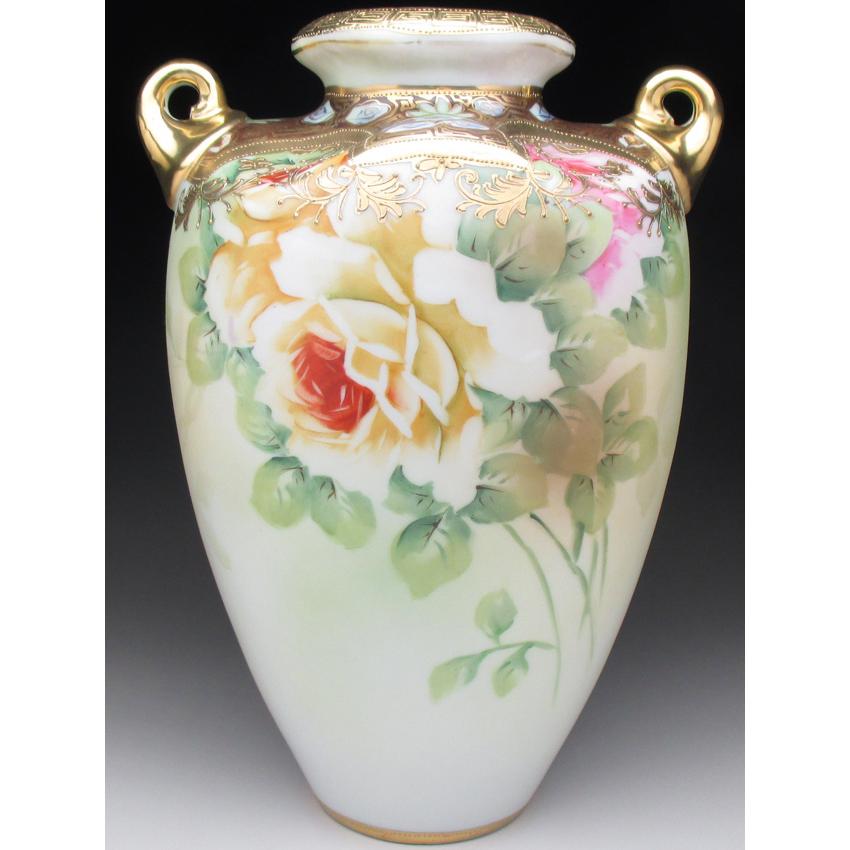 ノリタケ オールドノリタケ 金盛り薔薇絵 花瓶 25cm : アンティーク