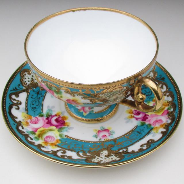 ノリタケ オールドノリタケ ブルー地金盛り薔薇絵 カップ＆ソーサー (a