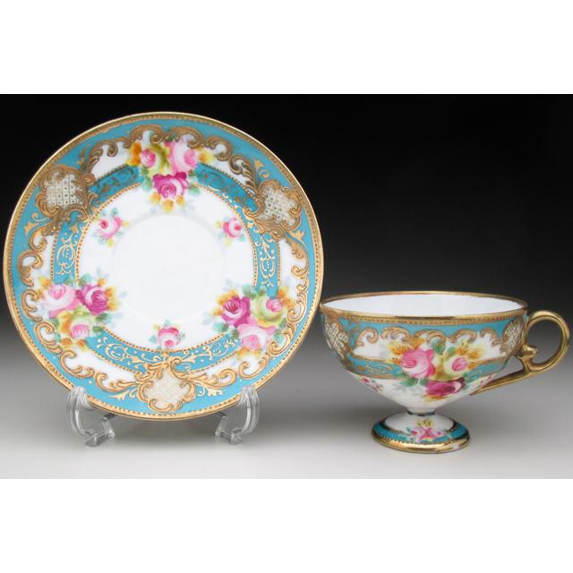 ノリタケ オールドノリタケ ブルー地金盛り薔薇絵 カップ＆ソーサー (b