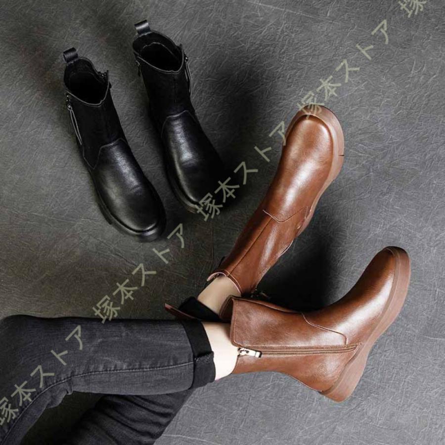 ブーツ レディース 本革 ショートブーツ 黒 フラット 大きいサイズ