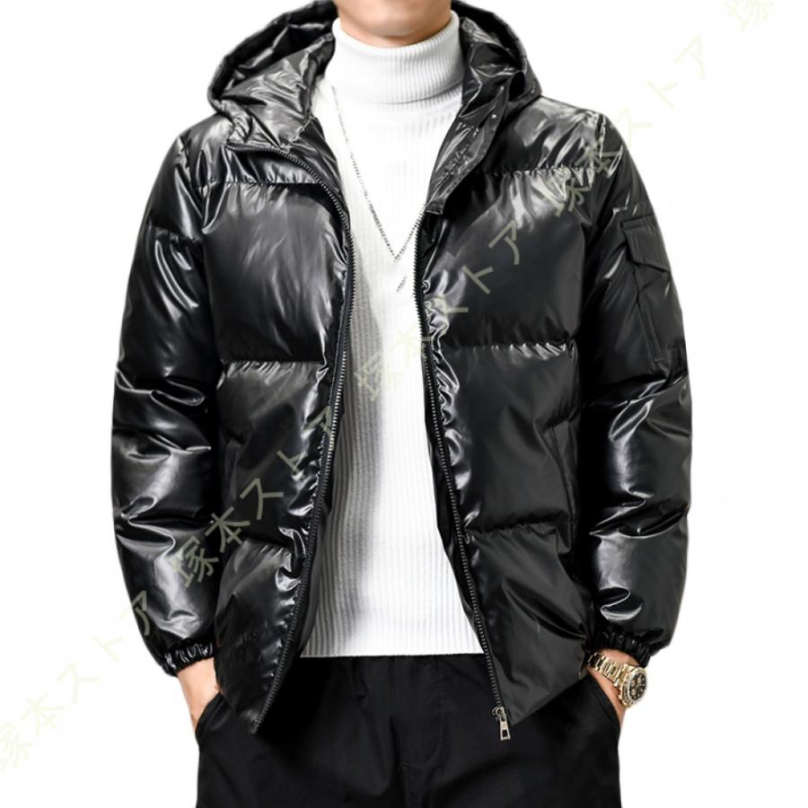 ダウンジャケット メンズ 冬服 エナメル 光沢 中綿入り モーズコート