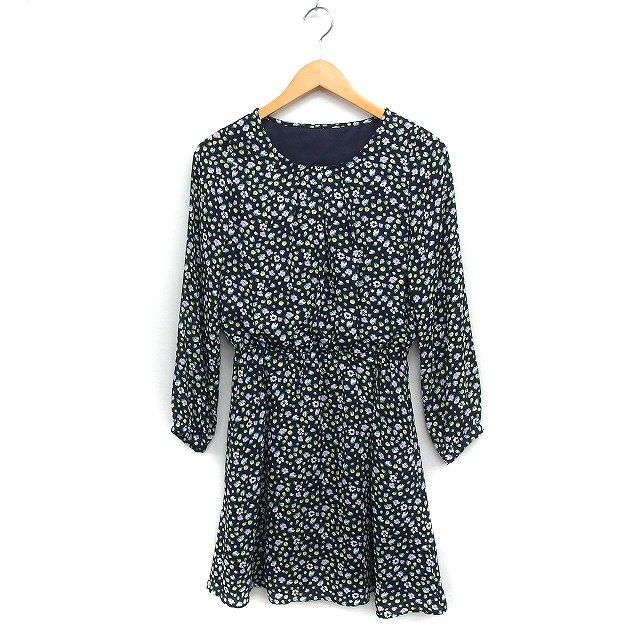 インデックス INDEX 花柄 フレア ワンピース 長袖 ひざ丈 S ネイビー