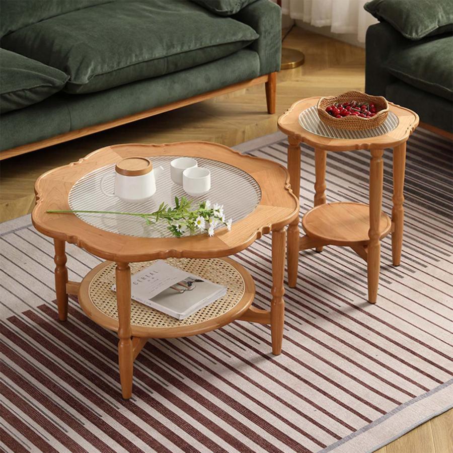 小] VeroMan ラタン編みサイドテーブル ローテーブル テーブル セット