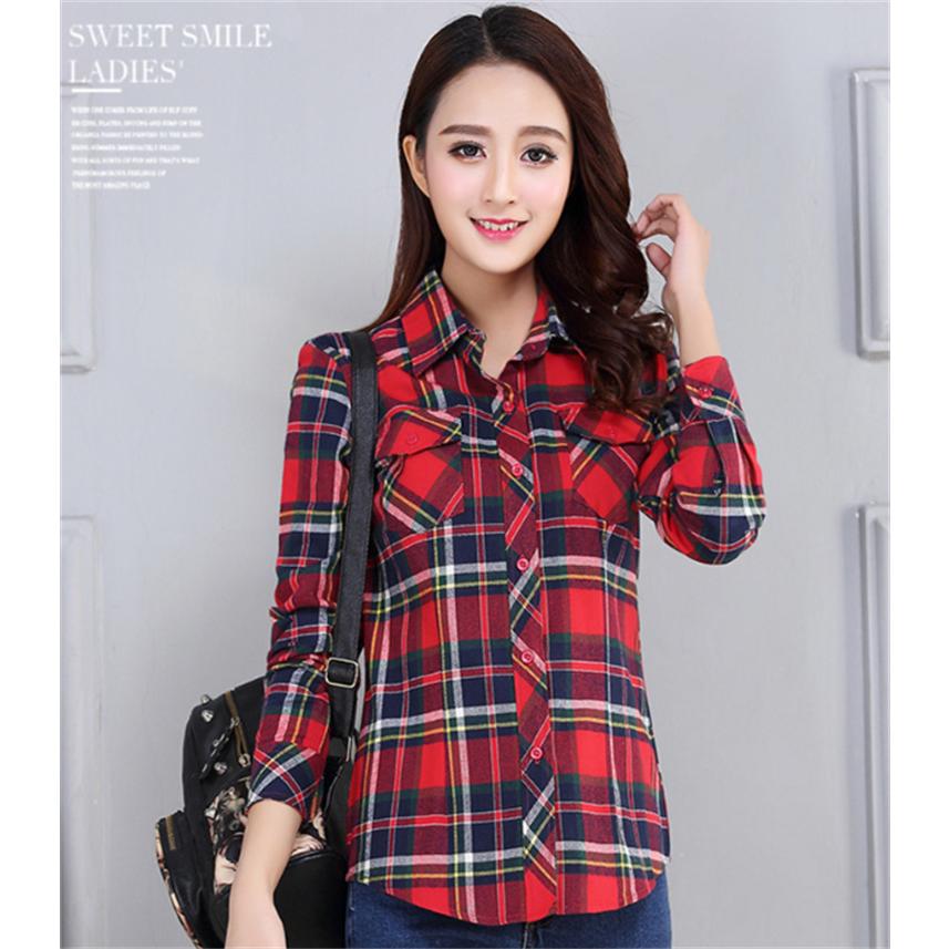 レディースファッション スリム長袖チェックシャツ ネルシャツ 18color