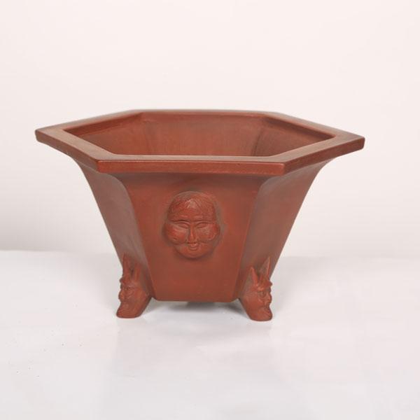 盆栽小鉢：美芸（常滑）六角鬼面足面付鉢 21.5cm*資材 : 遊恵盆栽