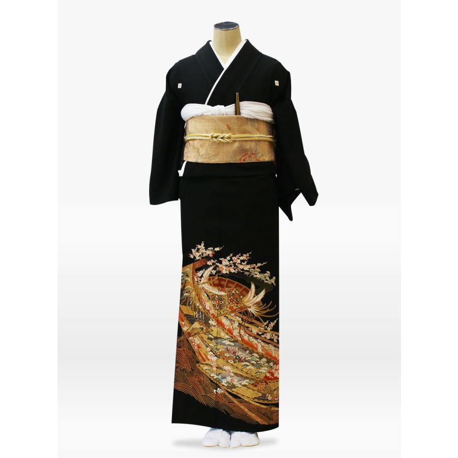 黒留袖レンタル 金入り扇柄 梅・鳳凰の黒留袖[4泊5日・小物セット付