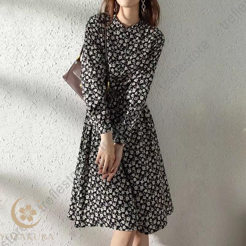 シャーリングワンピース 長袖 ワンピース Aライン 秋冬 花柄 黒 膝丈