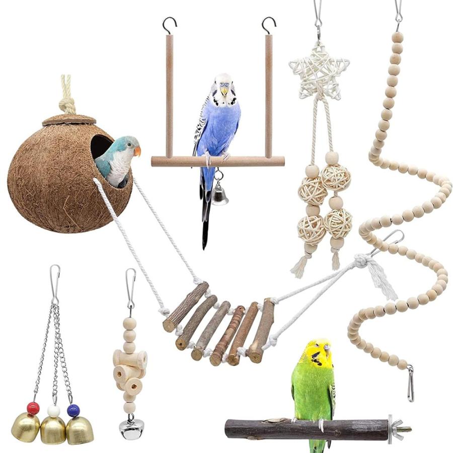 インコ おもちゃ 7点セット バードトイ 天然木 鳥のおもちゃ 止まり木