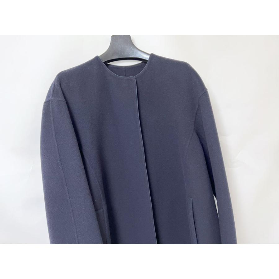 ドゥロワー Drawer ノーカラー ロングコート ウール ナイロン ネイビー