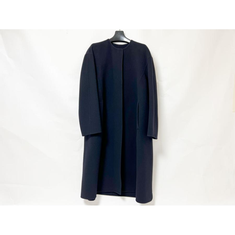 ドゥロワー Drawer ノーカラー ロングコート ウール ナイロン ネイビー