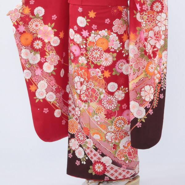 京都きもの友禅 振袖 中古 フルセット 成人式 Mサイズ 花柄 赤・ワイン