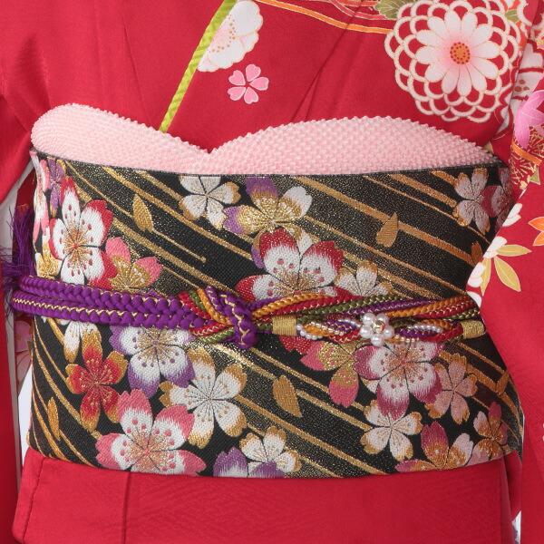 京都きもの友禅 振袖 中古 フルセット 成人式 Mサイズ 花柄 赤・ワイン