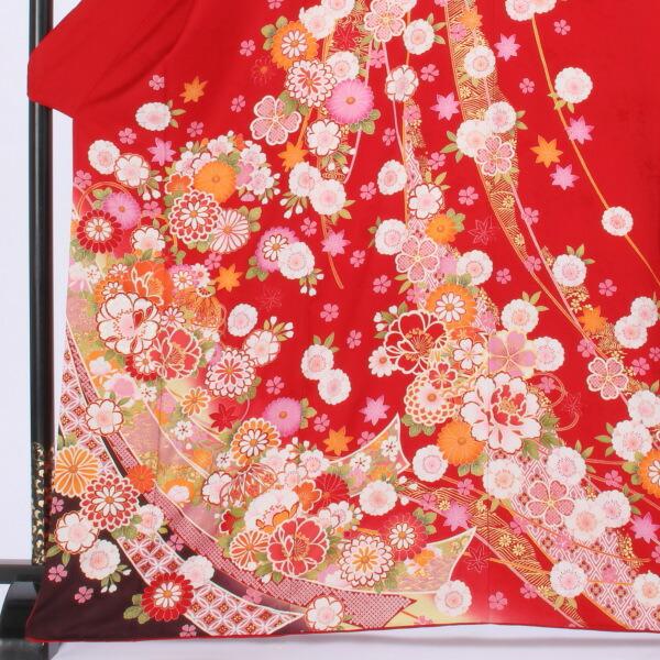 京都きもの友禅 振袖 中古 フルセット 成人式 Mサイズ 花柄 赤・ワイン