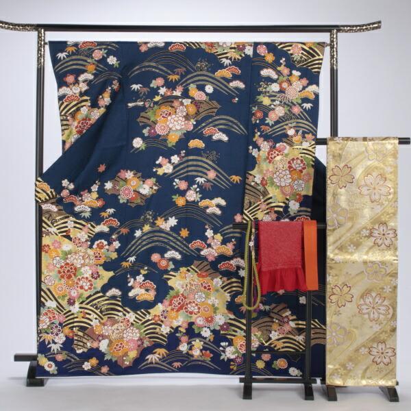 京都きもの友禅 振袖 中古 フルセット 成人式 Mサイズ 古典 青・紺系