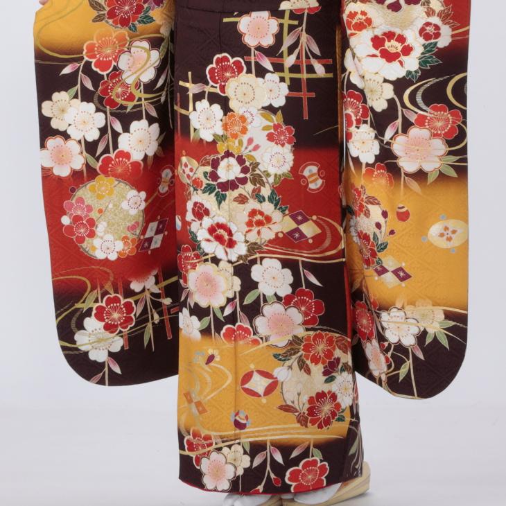 京都きもの友禅 振袖 中古 フルセット 成人式 Lサイズ 古典 茶系 着物