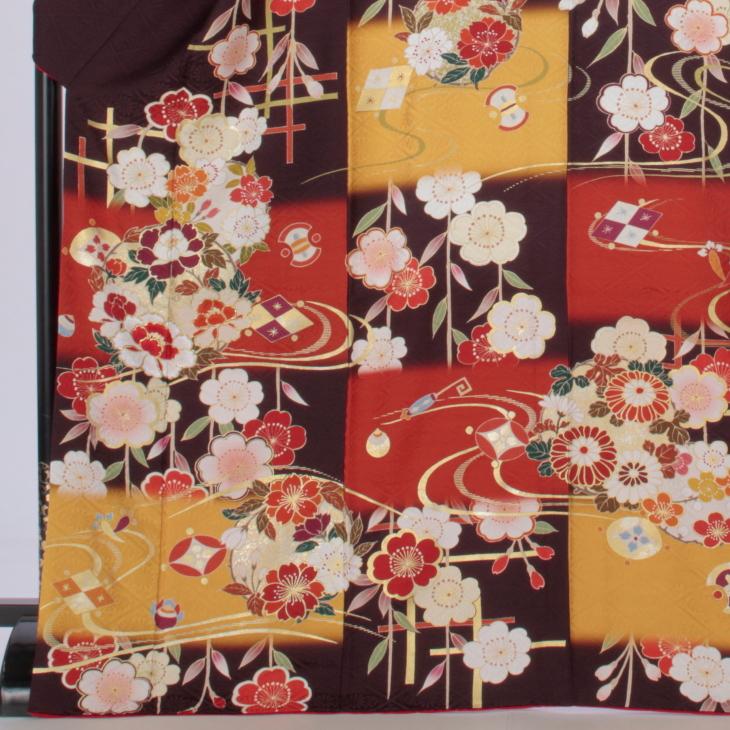 京都きもの友禅 振袖 中古 フルセット 成人式 Lサイズ 古典 茶系 着物